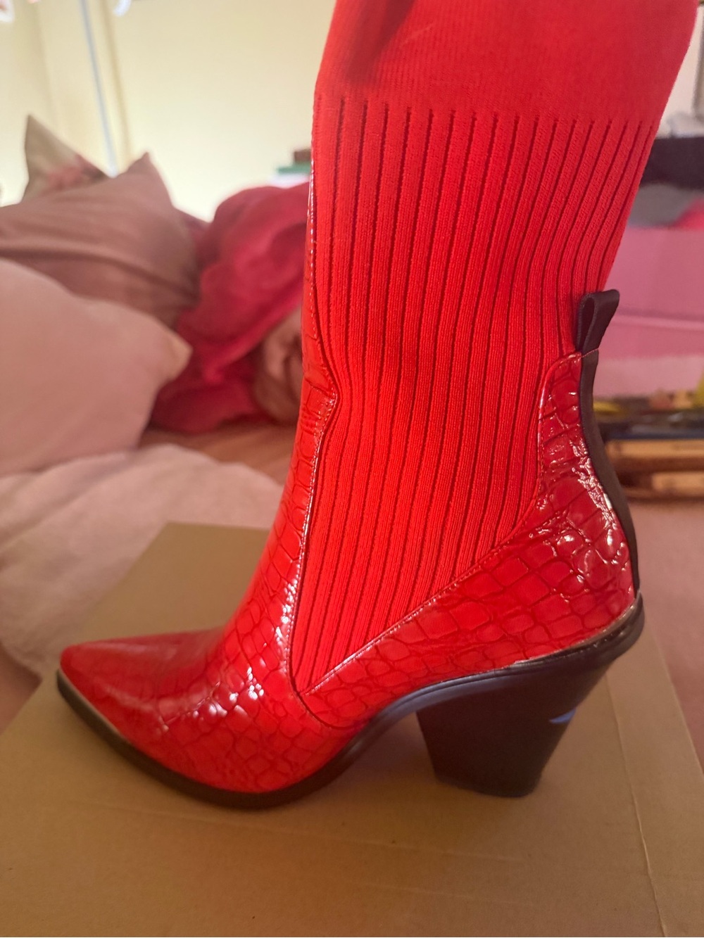 Red Croc-Embossed Sock Western Ankle Booties
